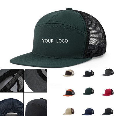 7 Panel Snapback Mesh Back Cap Flat Bill Trucker Hat
